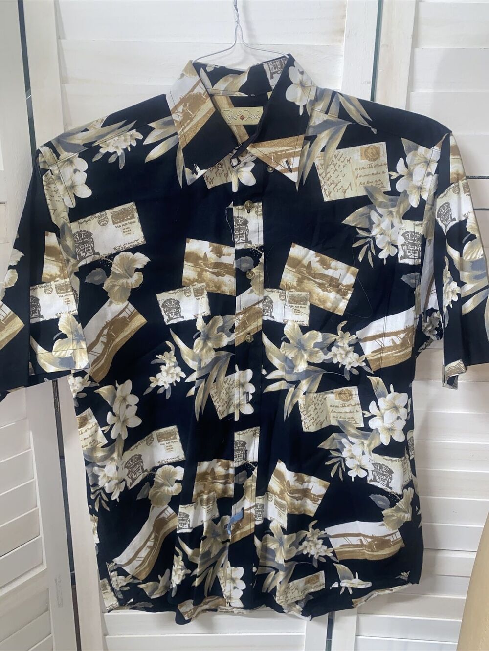 Royal Palm Men’s Hawaiian Shirt Airplanes Floral Postcards Size Small
